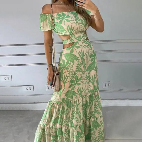 Tropical Off Shoulder Draped Slv Maxi Dress